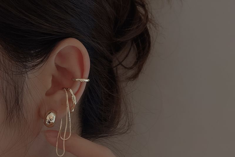 925 Hoop Earring Ear Chain + Sterling Plain Cuff Silver Set: