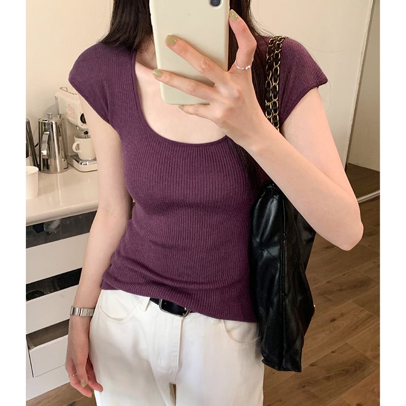 Cap-Sleeve Neck Top Scoop Knit Plain