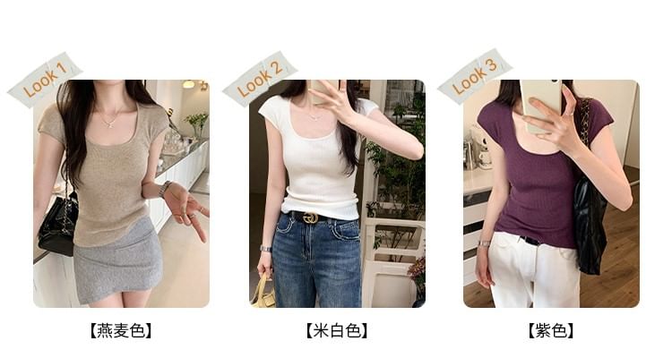 Cap-Sleeve Neck Top Scoop Knit Plain