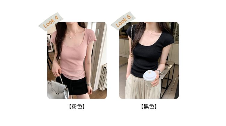 Cap-Sleeve Neck Top Scoop Knit Plain