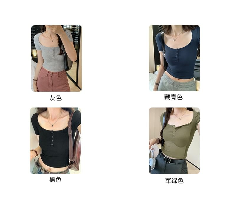 Short-Sleeve Crop Plain Top Scoop Henley Neck