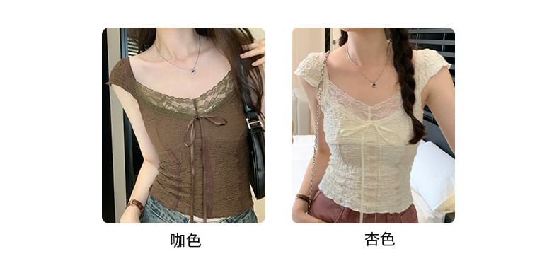 Cap-Sleeve Top V-Neck Lace Crop