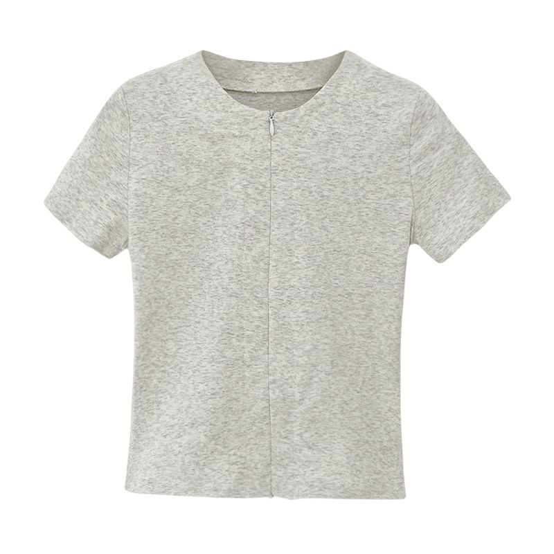 Plain Knit Short-Sleeve Top Zip-Up