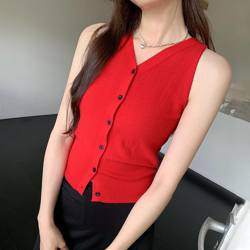 V-Neck Sleeveless Button-Up Plain Top