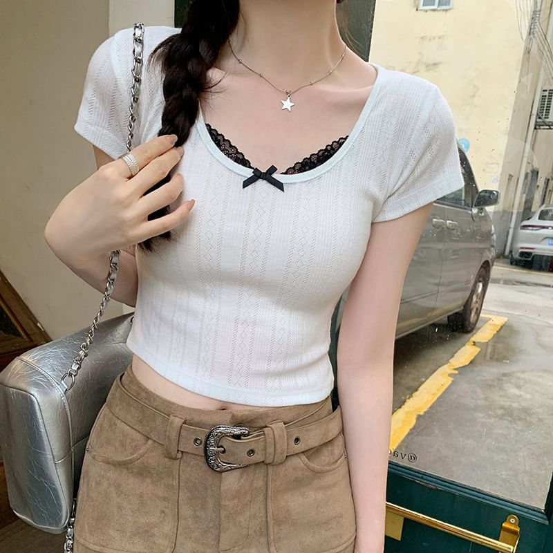 Scoop Crop Neck Sleeve Lace Top Short Trim