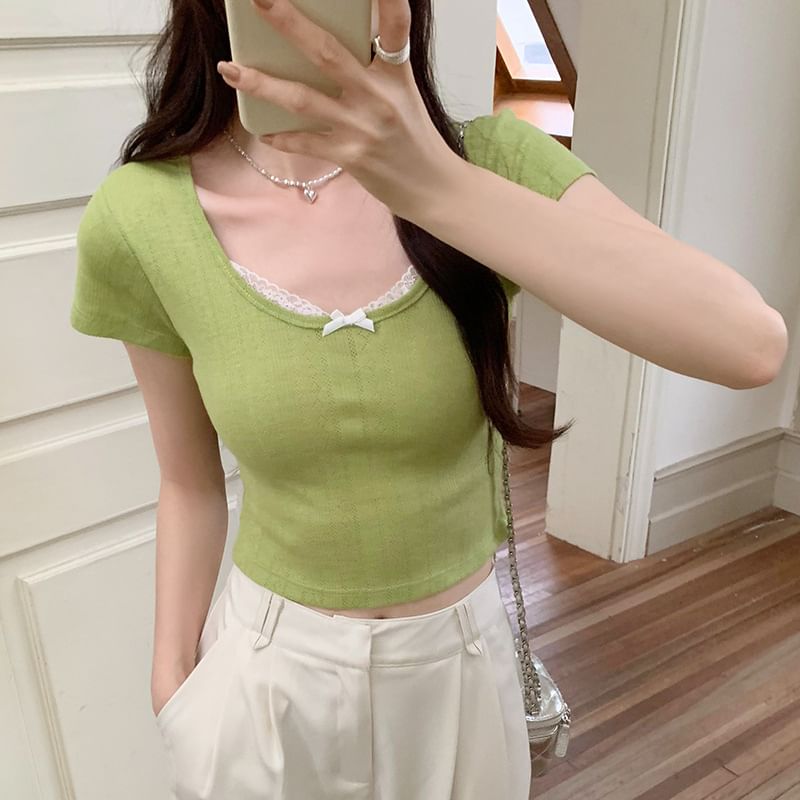 Scoop Crop Neck Sleeve Lace Top Short Trim