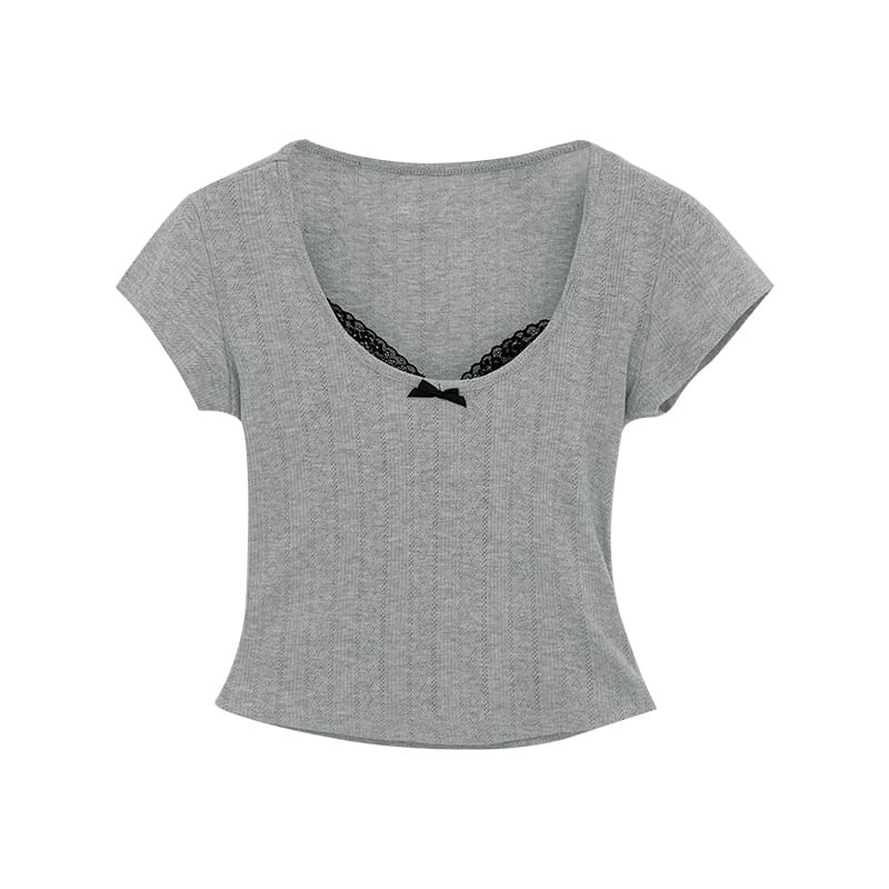 Scoop Crop Neck Sleeve Lace Top Short Trim