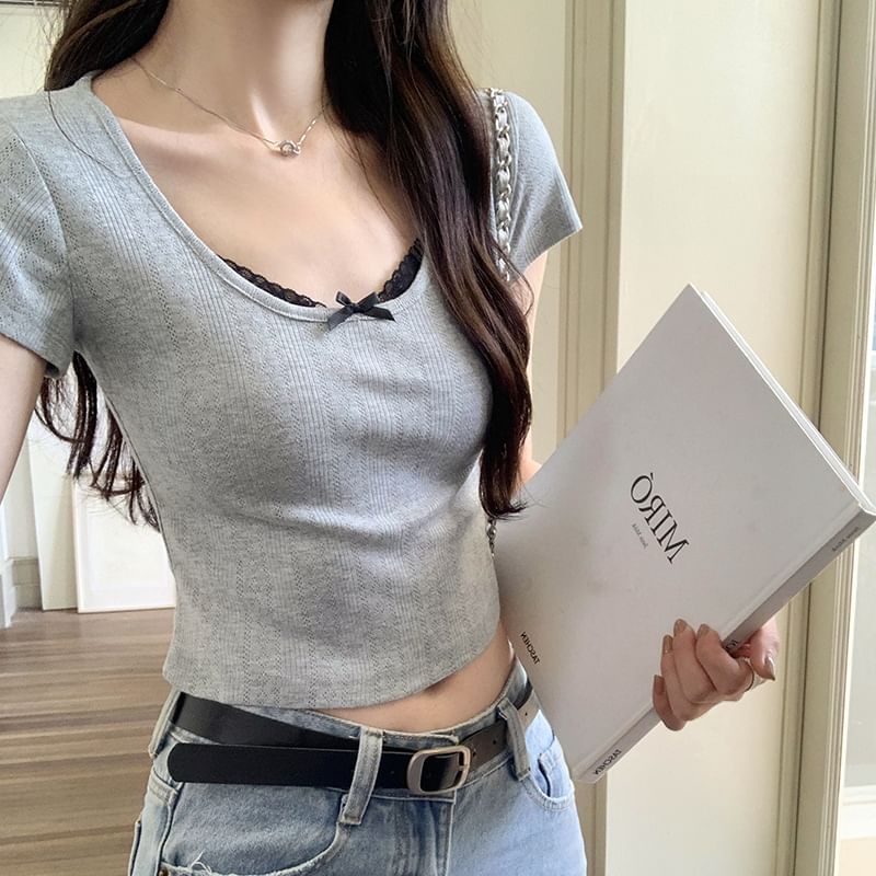 Scoop Crop Neck Sleeve Lace Top Short Trim