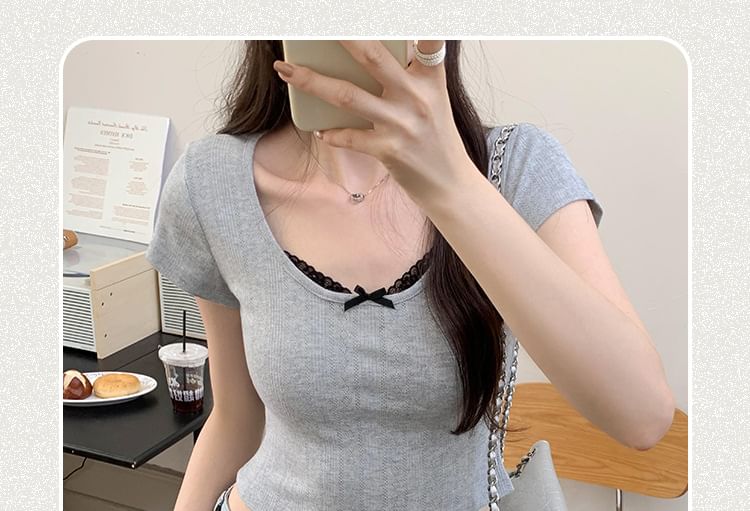 Scoop Crop Neck Sleeve Lace Top Short Trim