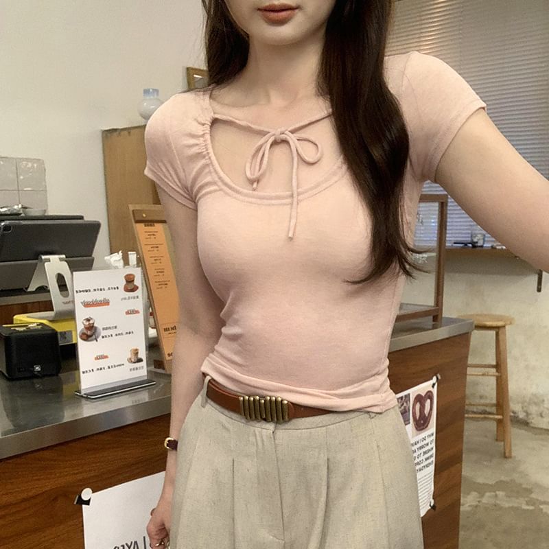 Short-Sleeve Plain Top U-Neck Crop