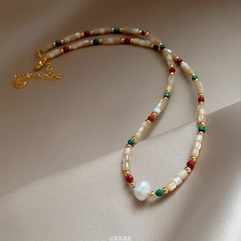 Gemstone Faux Bead Pearl Necklace Alloy