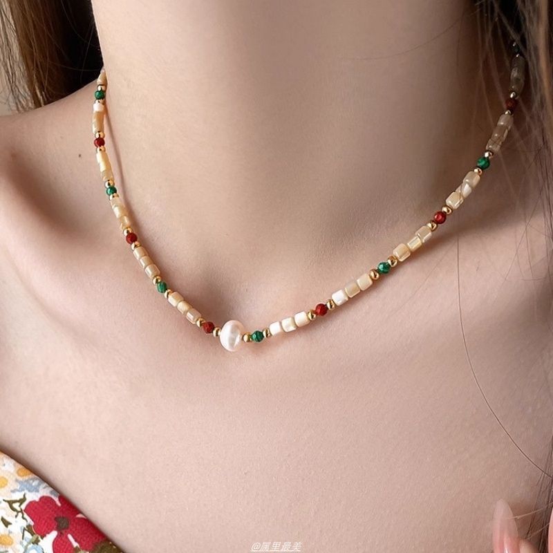 Gemstone Faux Bead Pearl Necklace Alloy