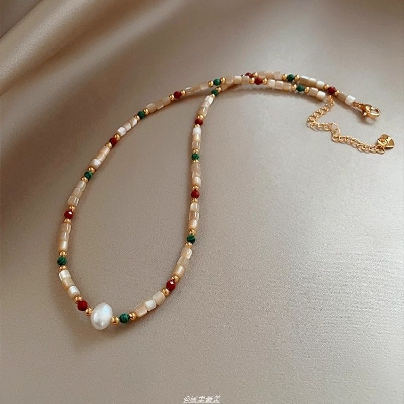 Gemstone Faux Bead Pearl Necklace Alloy
