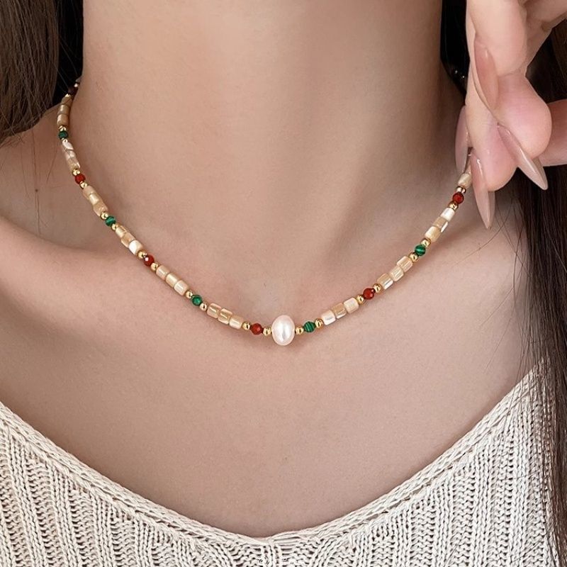 Gemstone Faux Bead Pearl Necklace Alloy