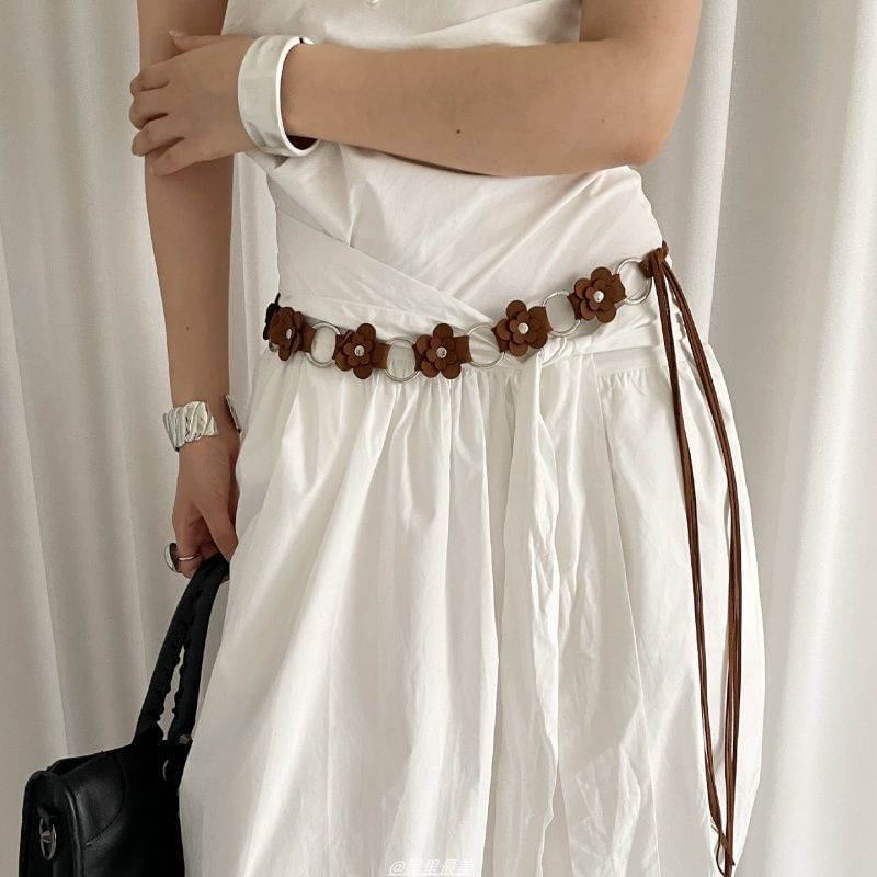 Floral Chain Alloy Faux Leather Waist