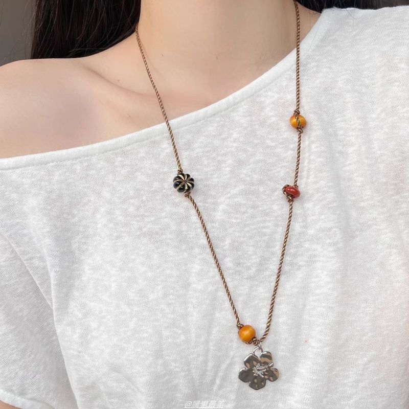 Gemstone Faux Cord Necklace Pendant Floral