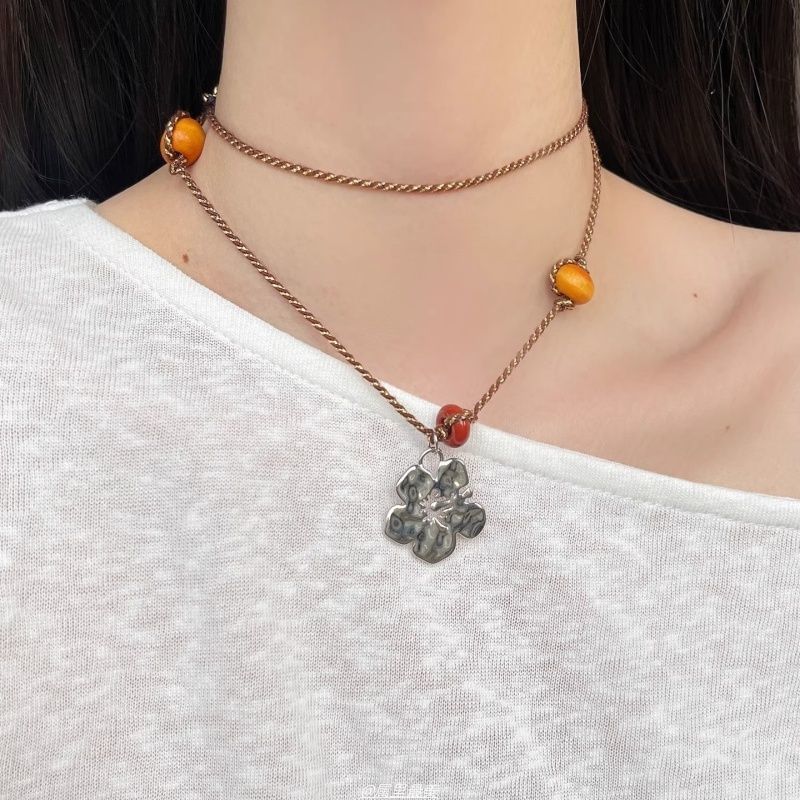 Gemstone Faux Cord Necklace Pendant Floral