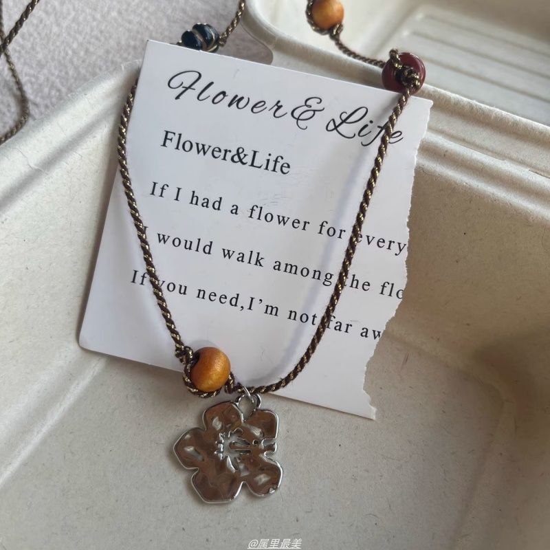 Gemstone Faux Cord Necklace Pendant Floral