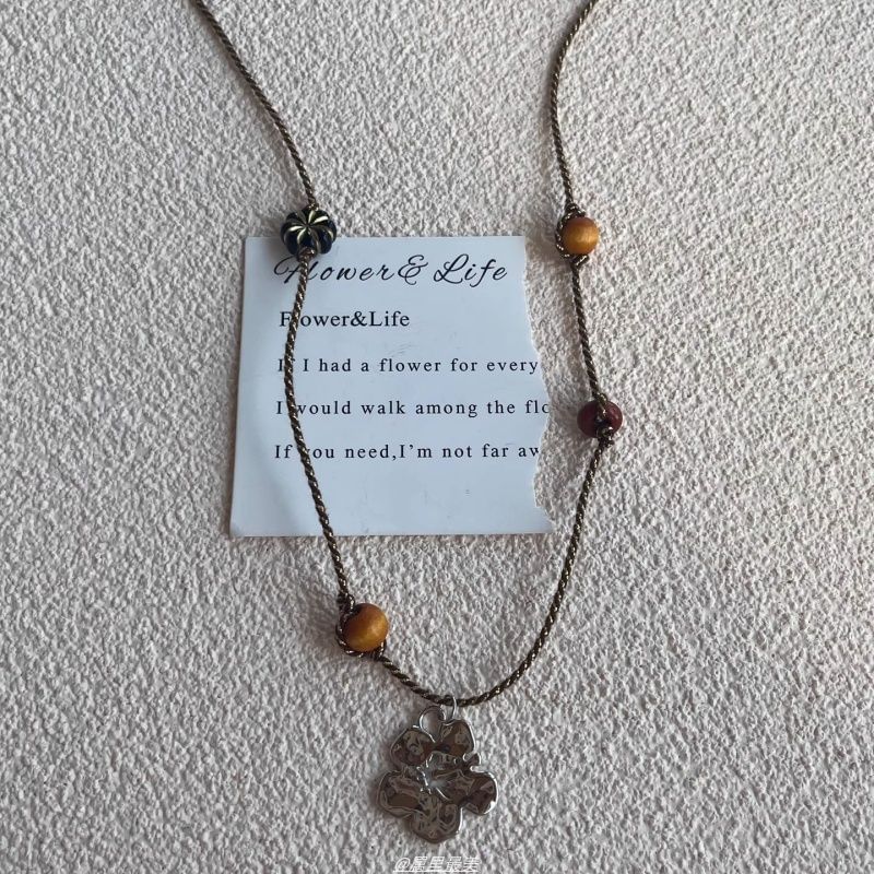 Gemstone Faux Cord Necklace Pendant Floral