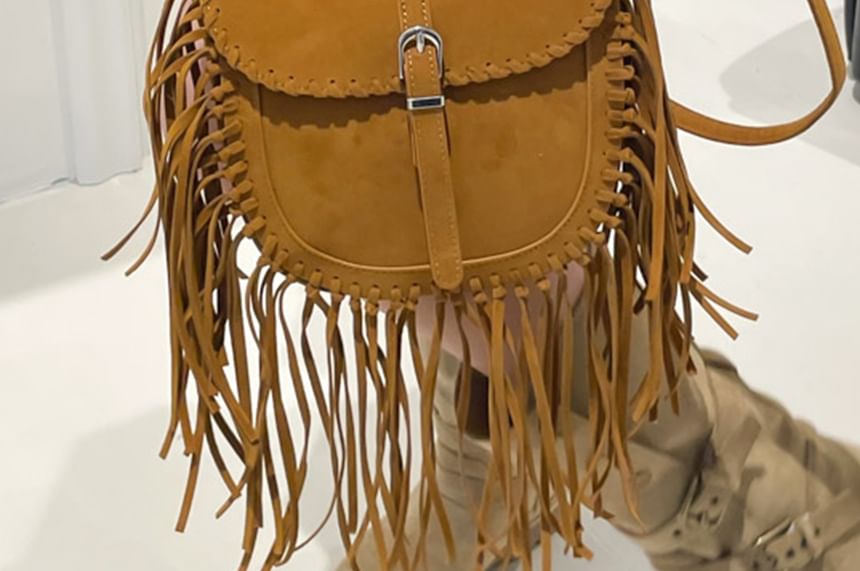 Suede Saddle Faux Crossbody Bag Fringe