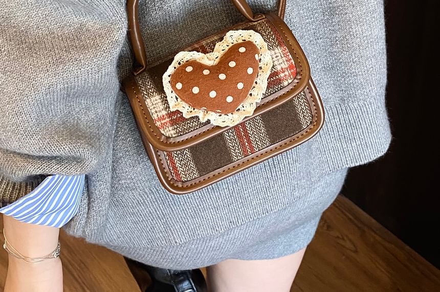 Bag Crossbody Top Flap Plaid Handle Heart Applique