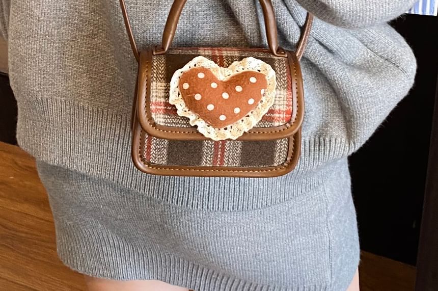 Bag Crossbody Top Flap Plaid Handle Heart Applique