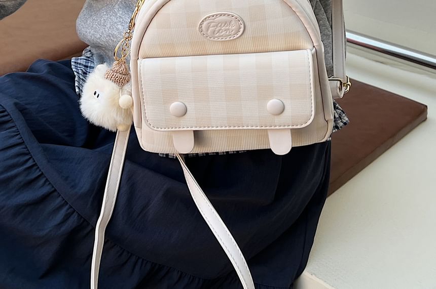Leather Plaid Flap Backpack Faux