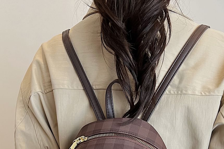 Leather Plaid Flap Backpack Faux