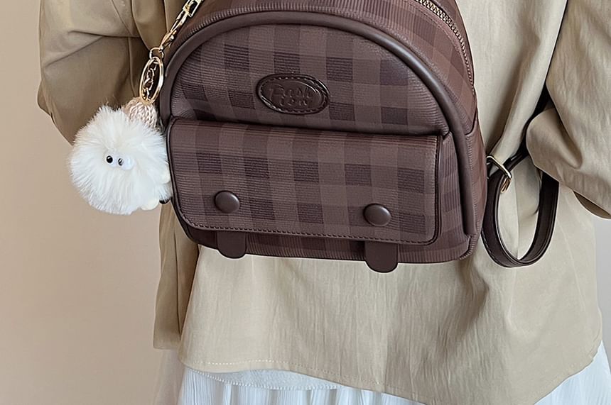 Leather Plaid Flap Backpack Faux