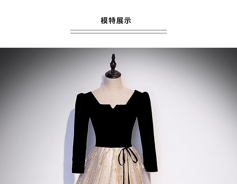 Short-Sleeve Notch Neck Star Print Mesh Panel A-Line Evening Gown / Long-Sleeve Evening Gown