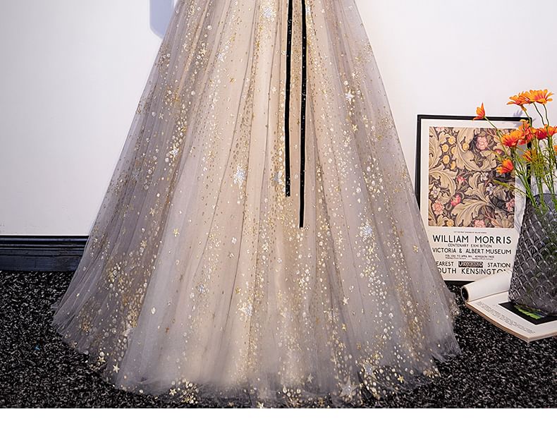 Short-Sleeve Notch Neck Star Print Mesh Panel A-Line Evening Gown / Long-Sleeve Evening Gown