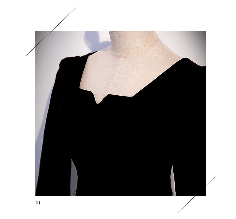 Short-Sleeve Notch Neck Star Print Mesh Panel A-Line Evening Gown / Long-Sleeve Evening Gown