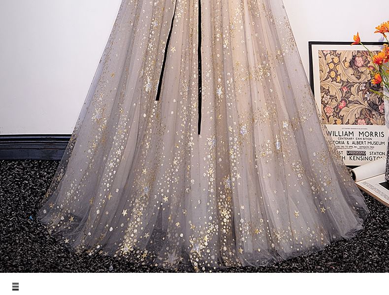 Short-Sleeve Notch Neck Star Print Mesh Panel A-Line Evening Gown / Long-Sleeve Evening Gown