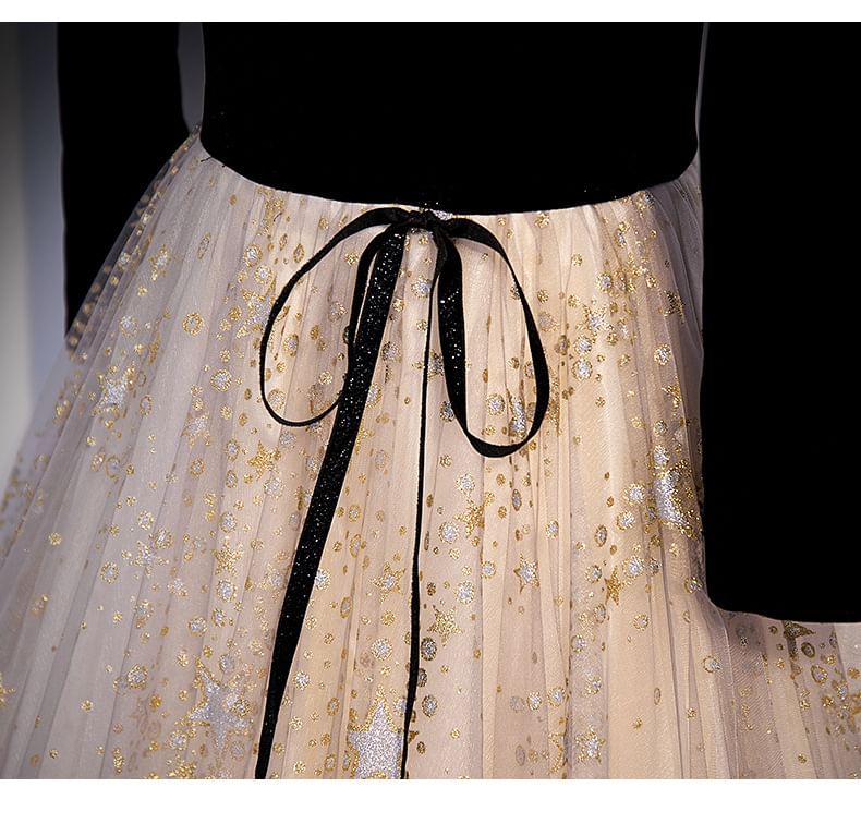 Short-Sleeve Notch Neck Star Print Mesh Panel A-Line Evening Gown / Long-Sleeve Evening Gown