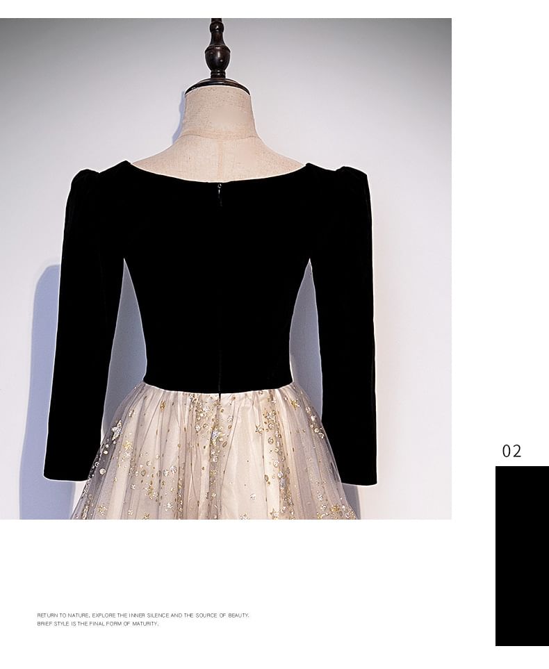 Short-Sleeve Notch Neck Star Print Mesh Panel A-Line Evening Gown / Long-Sleeve Evening Gown