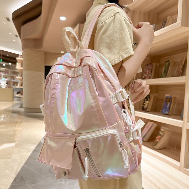 Leather Buckled Backpack Holographic Faux