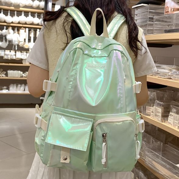 Leather Buckled Backpack Holographic Faux