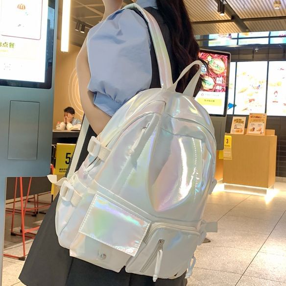 Leather Buckled Backpack Holographic Faux