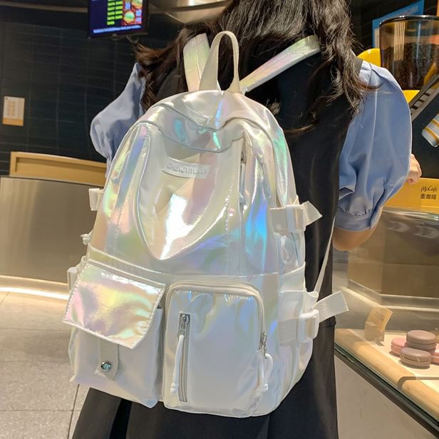 Leather Buckled Backpack Holographic Faux