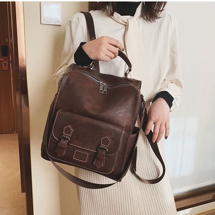 Leather Backpack Buckled Faux