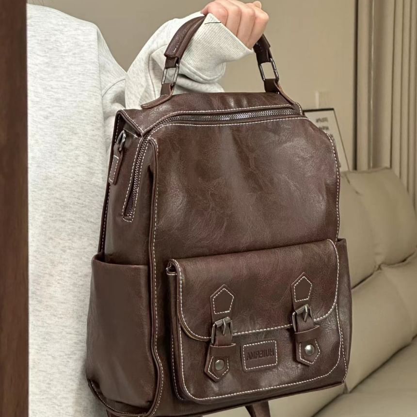 Leather Backpack Buckled Faux