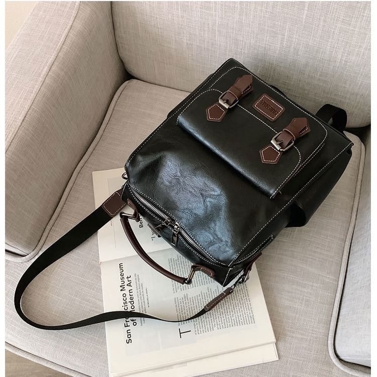 Leather Backpack Buckled Faux