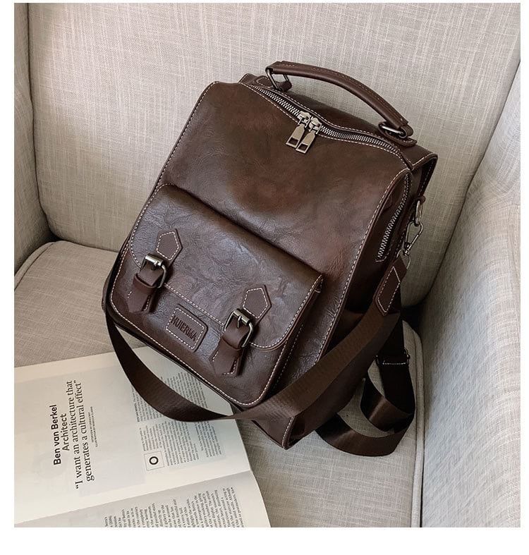 Leather Backpack Buckled Faux