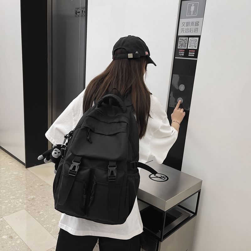 Buckled Plain Nylon Backpack