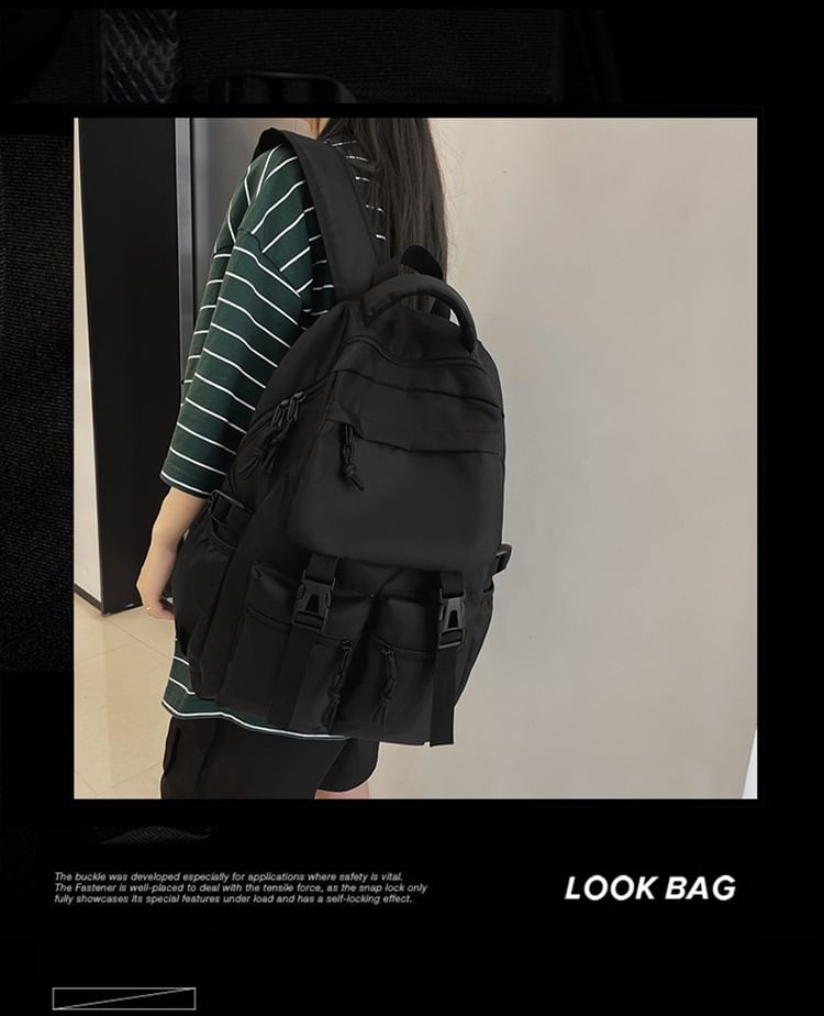 Buckled Plain Nylon Backpack