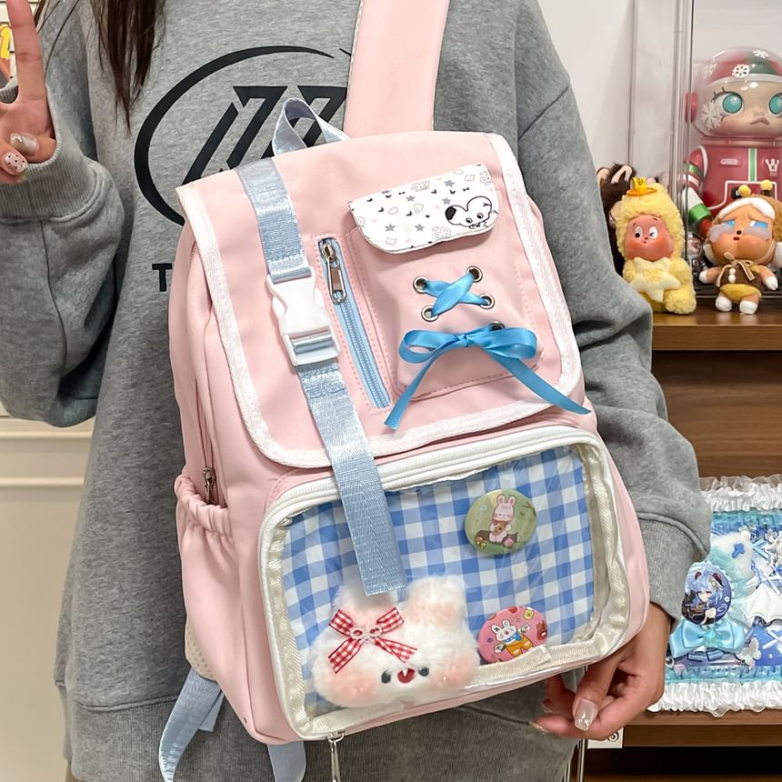 PVC Backpack Nylon Ribbon Buckled Gingham Panel