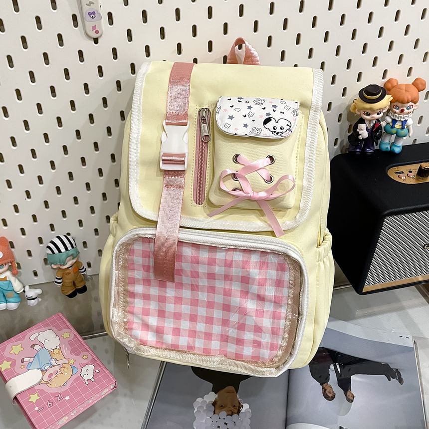 PVC Backpack Nylon Ribbon Buckled Gingham Panel