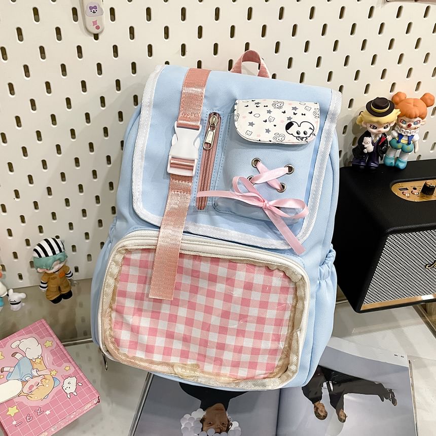 PVC Backpack Nylon Ribbon Buckled Gingham Panel