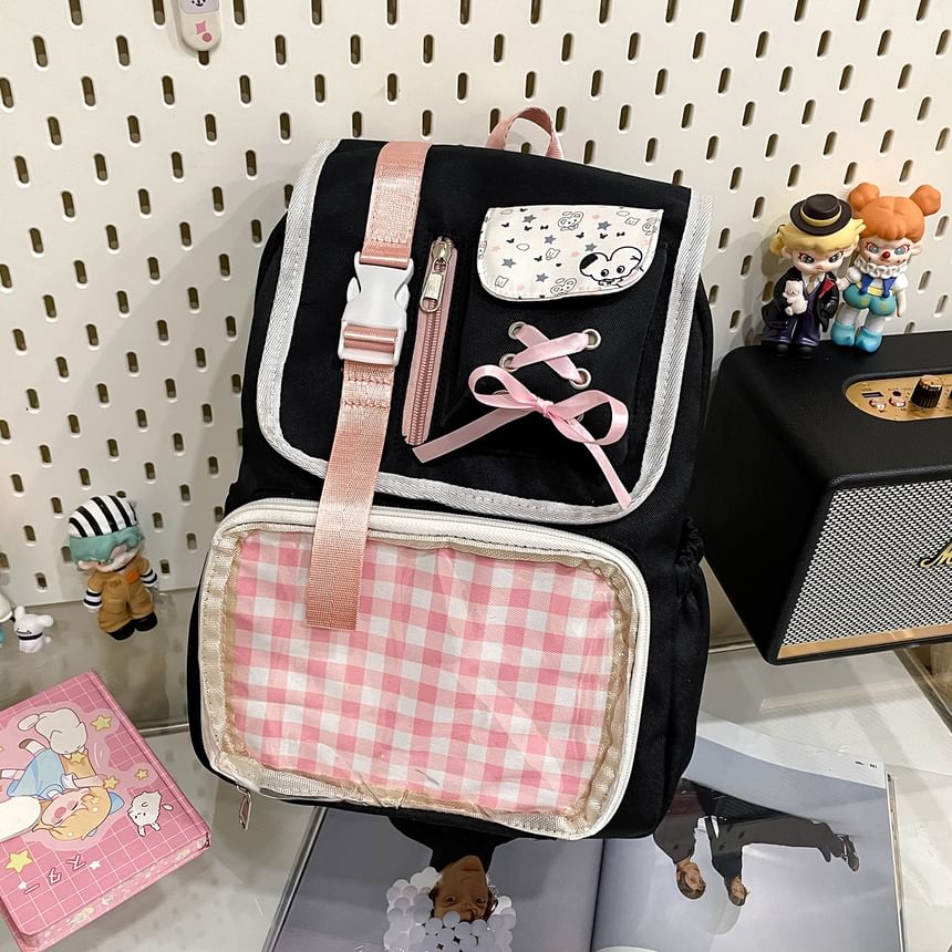 PVC Backpack Nylon Ribbon Buckled Gingham Panel