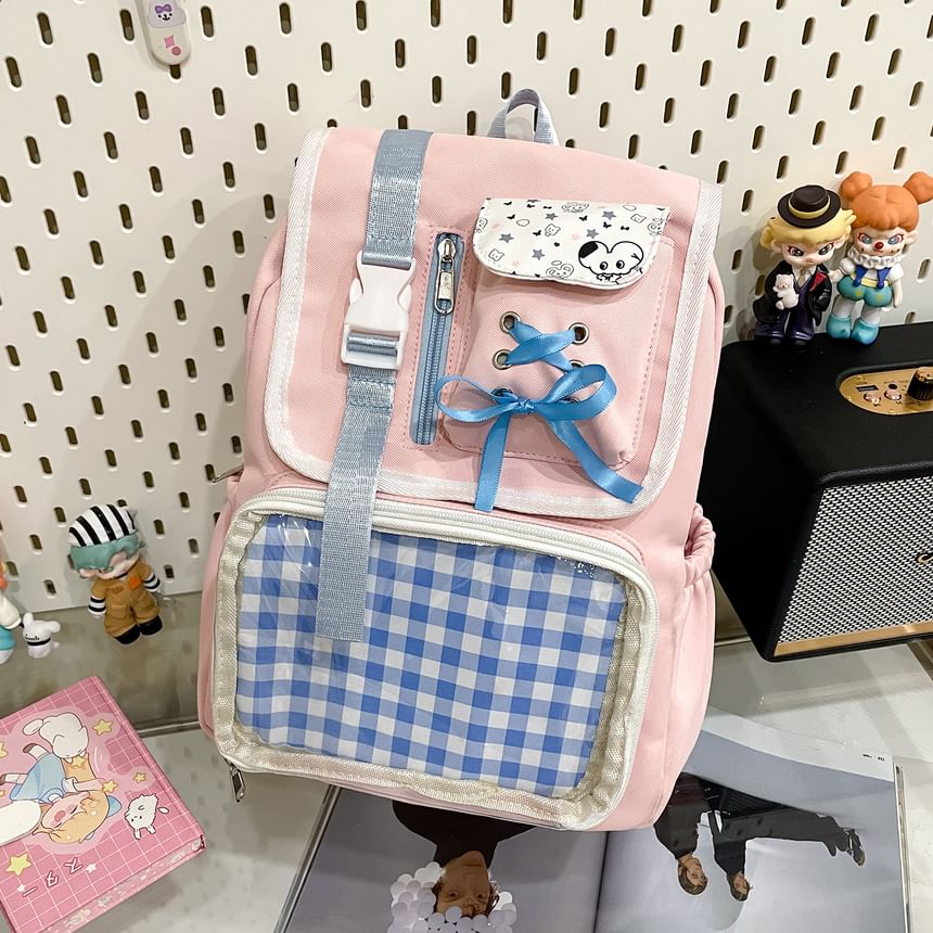 PVC Backpack Nylon Ribbon Buckled Gingham Panel